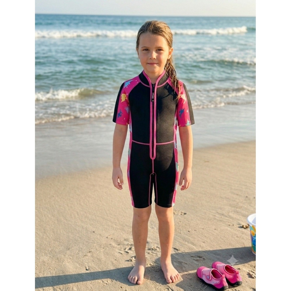 Kids Shorts Wetsuit Front Zip 2mm Neoprene Girls Size XL 4'8"-4'11" 9-14 Yr Pink